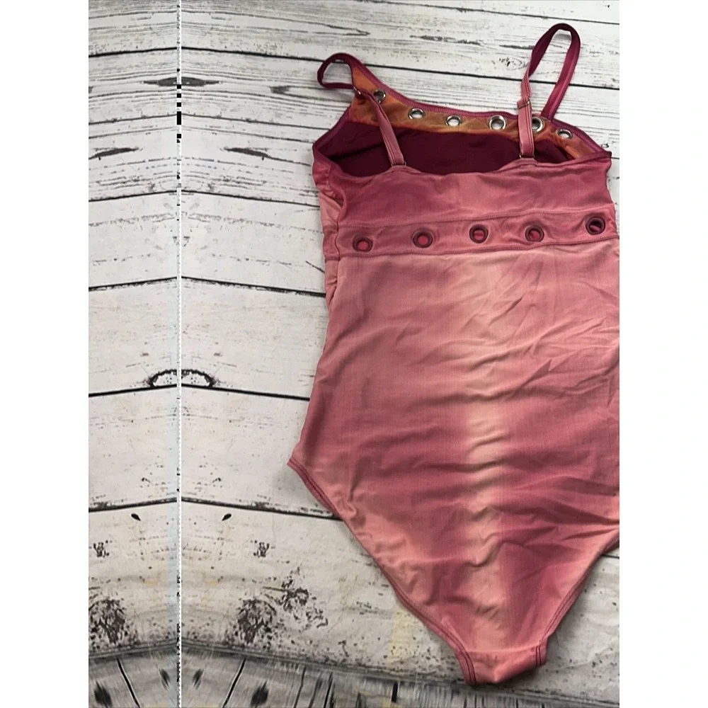 Nicole Miller Studio One Piece Swimsuit Rose Pink Grommet Ruched Size 8